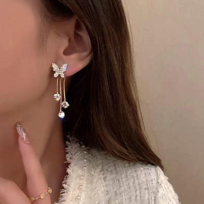 Silver Needle Stud Diamond Butterfly Earrings