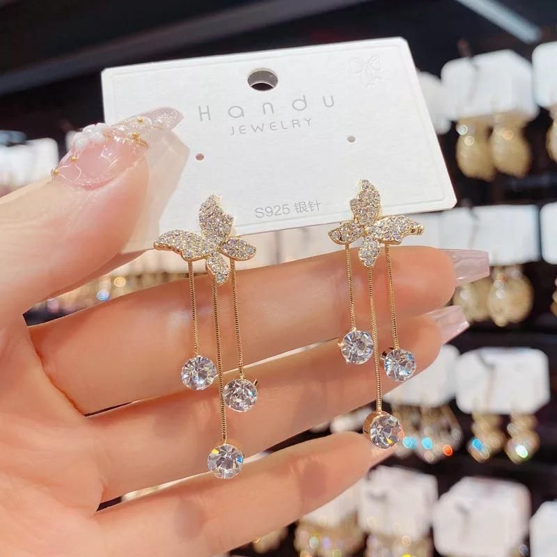 Silver Needle Stud Diamond Butterfly Earrings